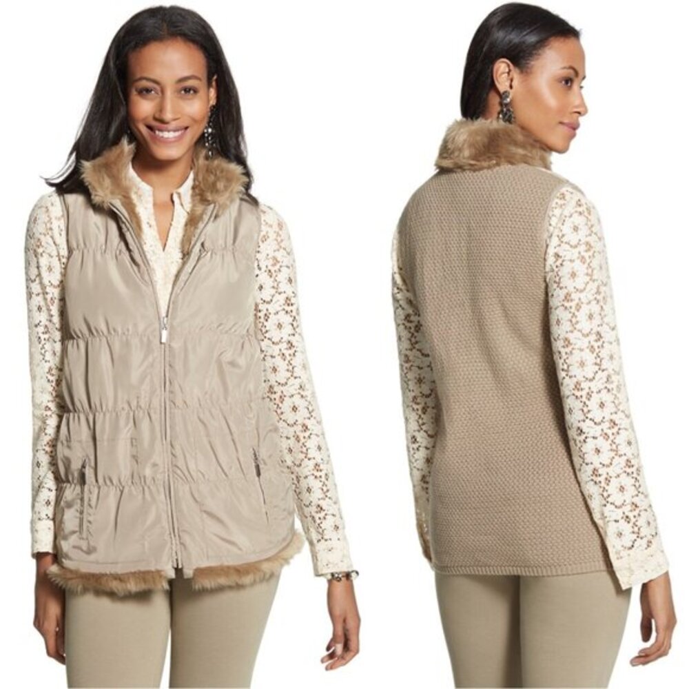 Chicos NWT 1 Medium Reversible Faux Fur Knit Vest Sleeveless Jacket Quilted 8 10